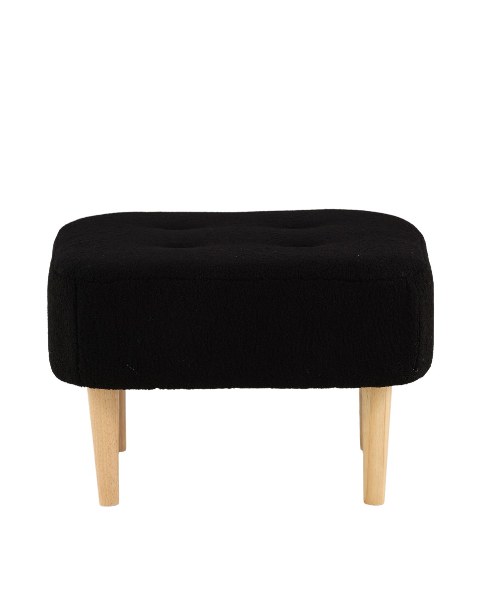 Svart sittpuff i fleece med djuphäftade knappar och träfärgade ben i modern design