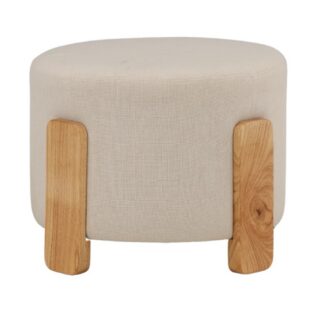 Vit sittpuff i linne och ljust trä med dekorativ stomme i modern inredningsmiljö