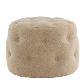 Beige cylinderformad sittpuff i mjukt teddytyg med dekorativa knappar