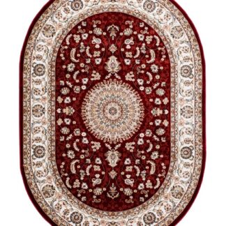 Röd oval Wiltonmatta med klassiskt orientaliskt medaljongmönster och dekorativ bård