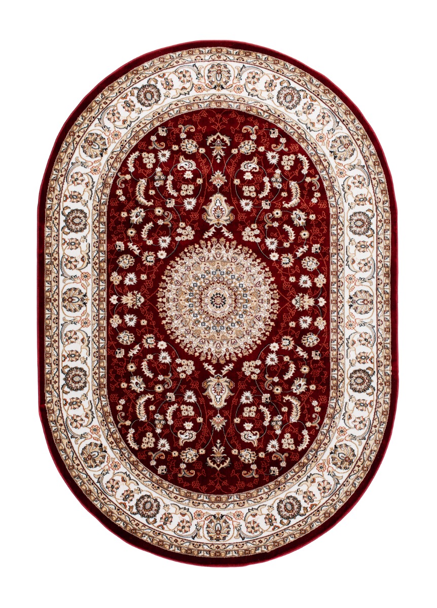 Röd oval Wiltonmatta med klassiskt orientaliskt medaljongmönster och dekorativ bård