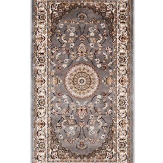 Grå Wiltonmatta Doha Oma med orientaliskt medaljongmönster och dekorativ bård
