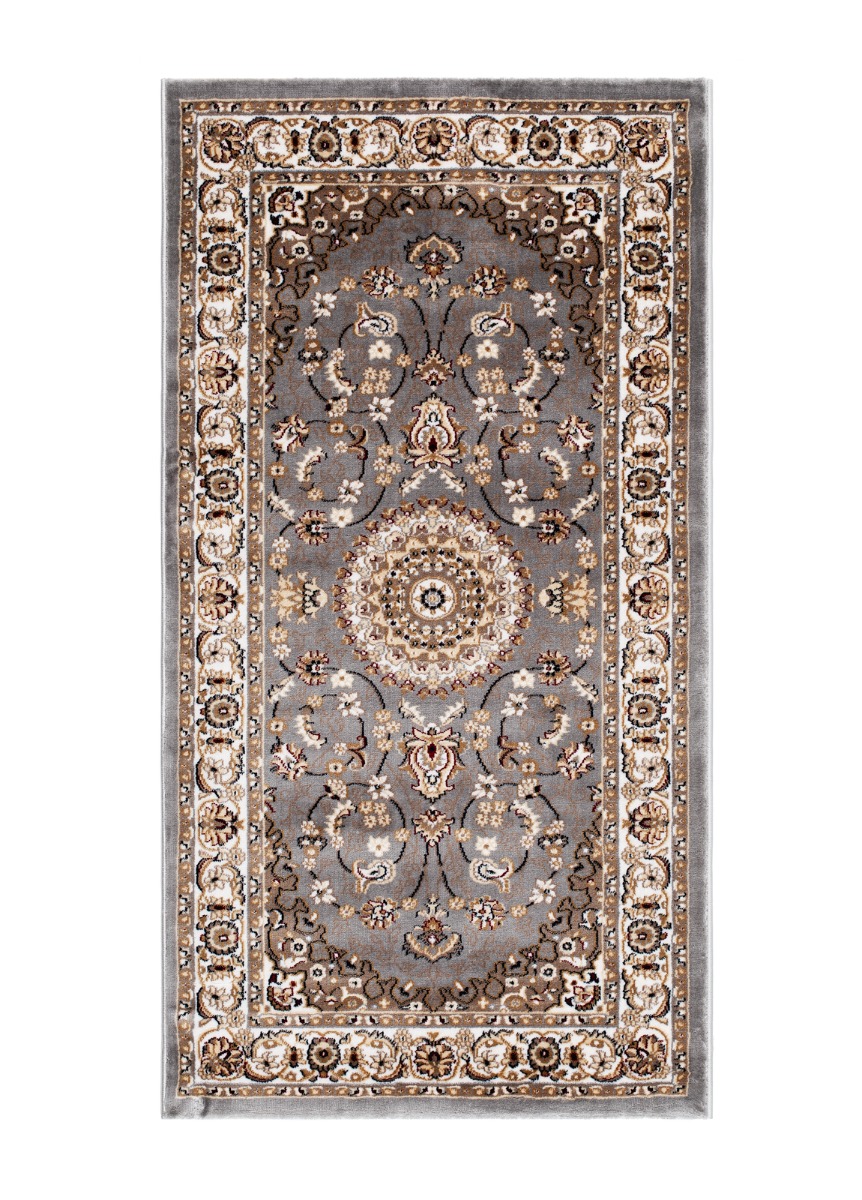 Grå Wiltonmatta Doha Oma med orientaliskt medaljongmönster och dekorativ bård