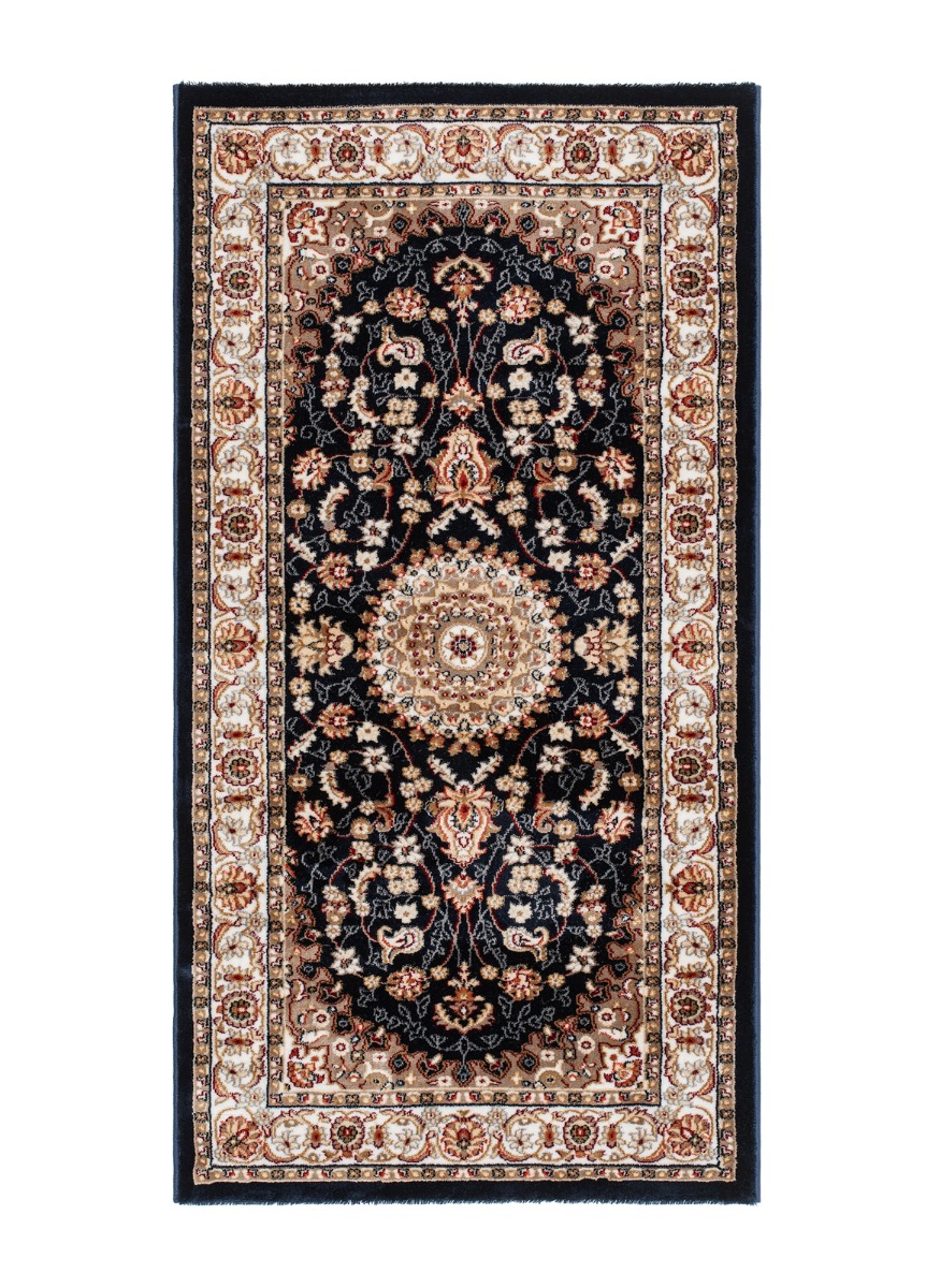 Blå Wiltonmatta Doha med klassiskt orientaliskt medaljongmönster och dekorativ bård