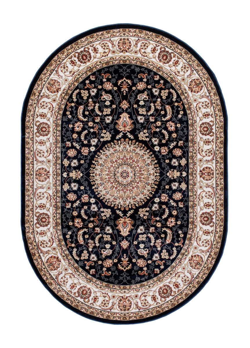 Doha Oma blå oval wiltonmatta med klassiskt orientaliskt medaljongmönster