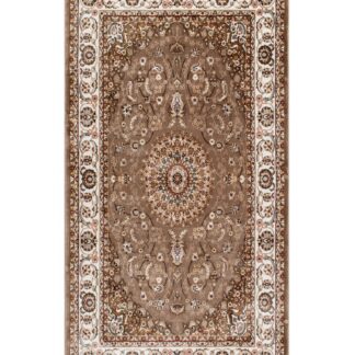 Champagnefärgad Wiltonmatta med orientaliskt medaljongmönster och dekorativ bård