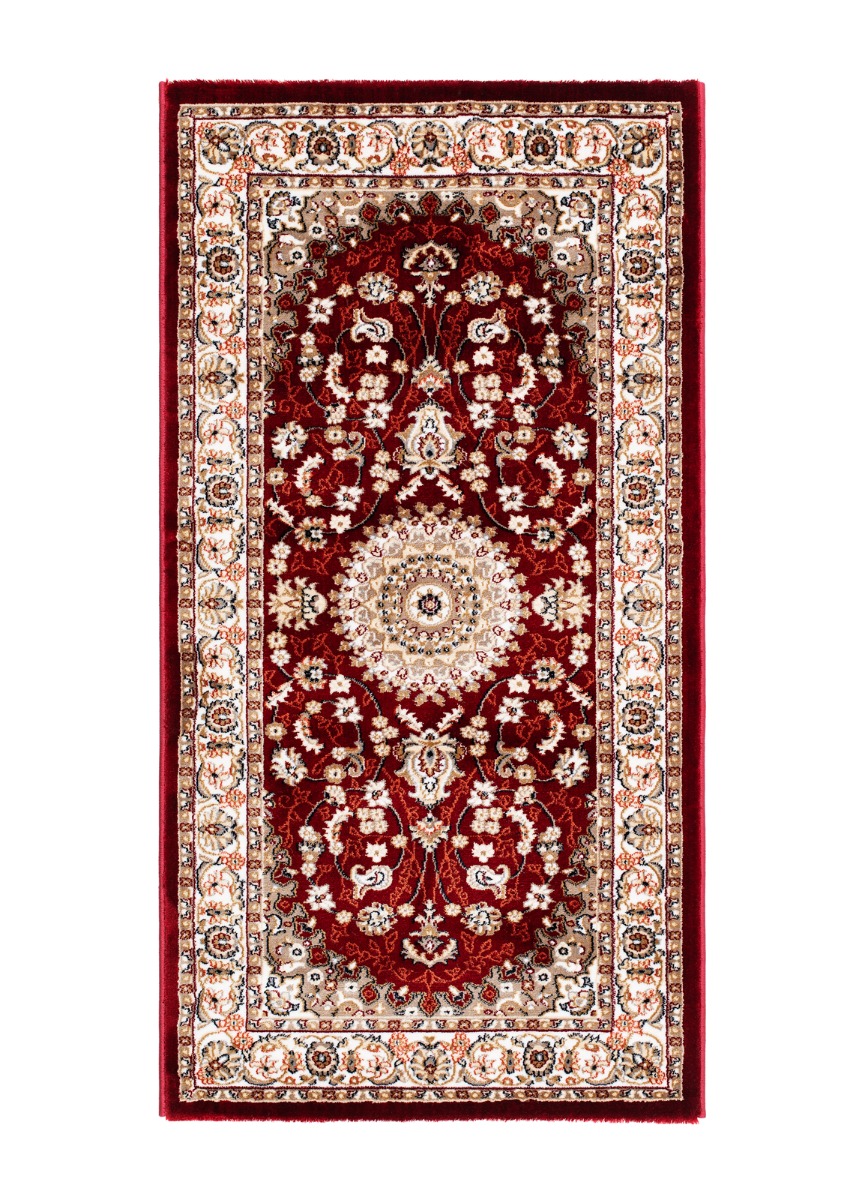 Doha Oma röd wiltonmatta med traditionellt orientaliskt medaljongmönster och röd bård