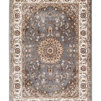 Grå Wiltonmatta med orientaliskt medaljongmönster och dekorativ bård i elegant design