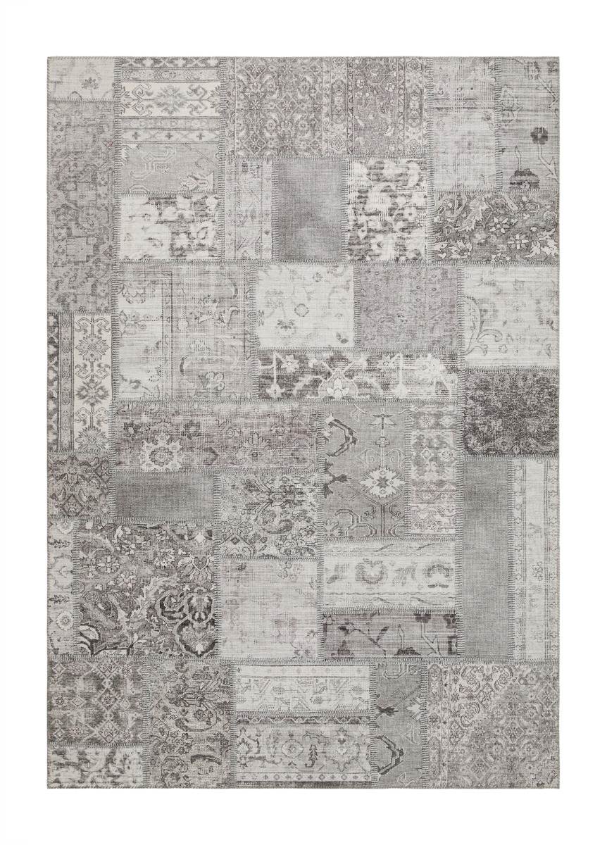 Silver patchworkmatta Markiss i Wiltonvävd polyester med mjuk textur och elegant mönster