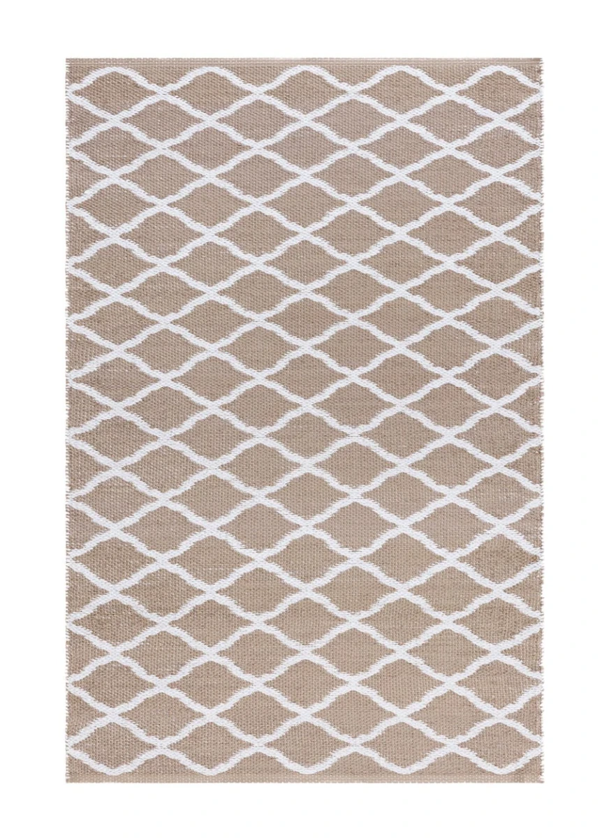 Handvävd linnefärgad plastmatta i PVC med vändbart omvänt mönster