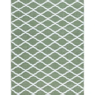 Grön handvävd plastmatta i PVC och bomull med naturligt mönster i köksmiljö