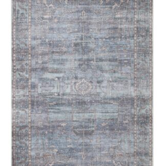 Blå Verdun Aube tvättbar chenillebomullsmatta med orientaliska medaljongmönster