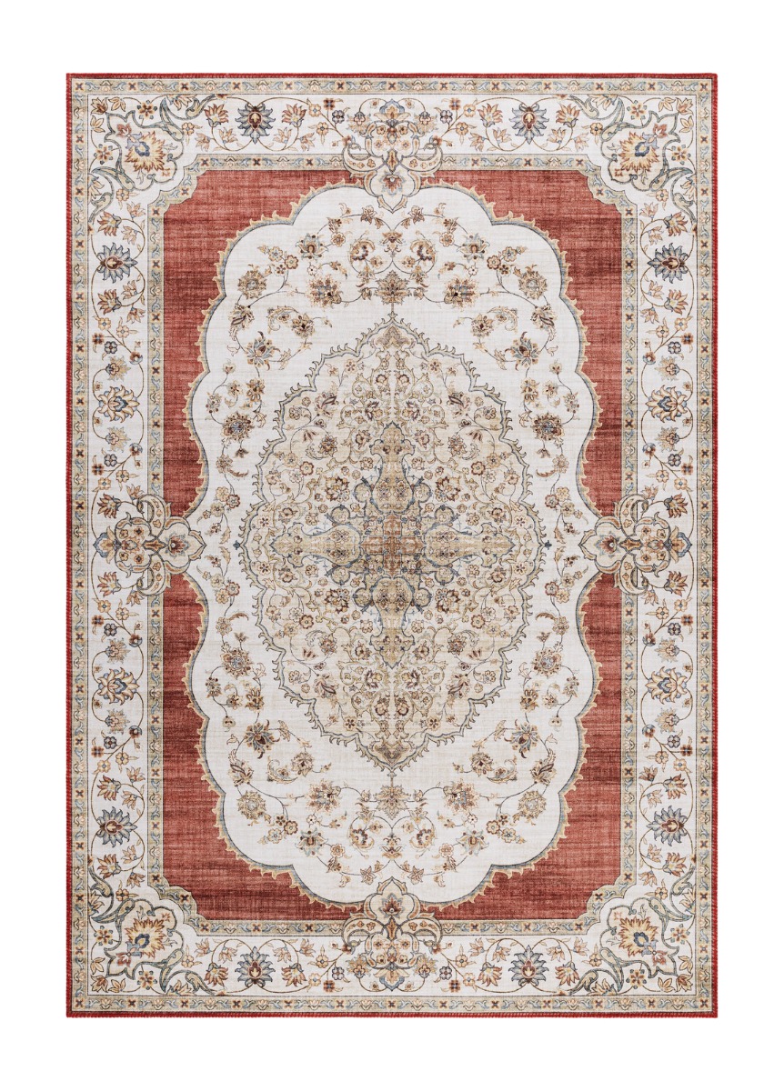 Röd tvättbar matta Mirande Thalvara med halkskydd i mjuk polyester och cirka 6 mm tjocklek