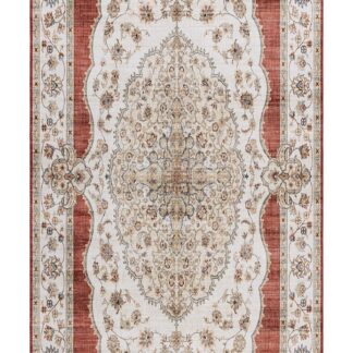 Röd tvättbar gångmatta Mirande Thalvara med halkskydd i polyester liggande på golv