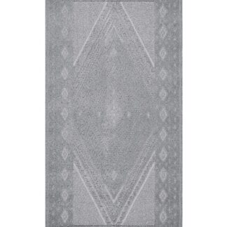 Grå vävd gångmatta med snirkligt mönster och tuftade partier i naturliga linnefärger