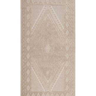 Linnefärgad gångmatta med texturerad väv och mjukt mönster i vardagsrumsmiljö