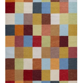 Beskrivande bild av handvävd ullmatta med geometriskt flerfärgat mönster och 10 mm tjocklek