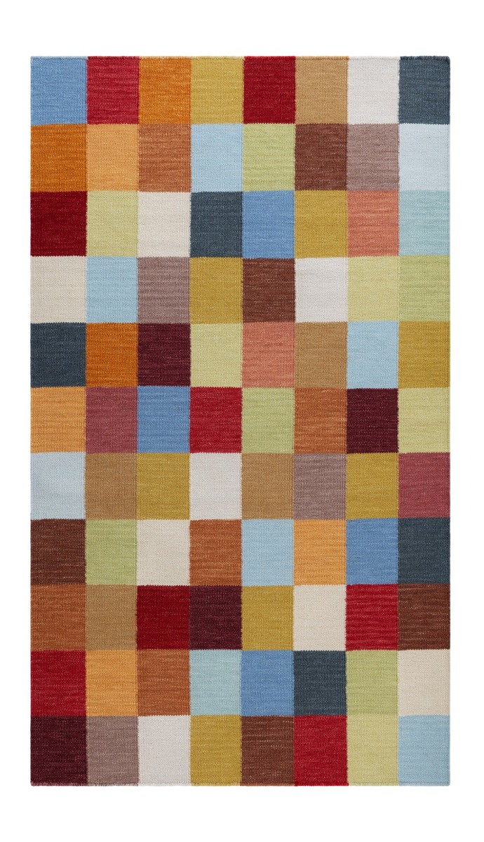 Beskrivande bild av handvävd ullmatta med geometriskt flerfärgat mönster och 10 mm tjocklek