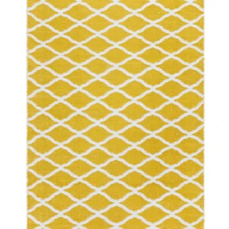 Handvävd gul plastmatta Mimmi Dalli med vändbart spegelmönster och mjuk PVC-yta