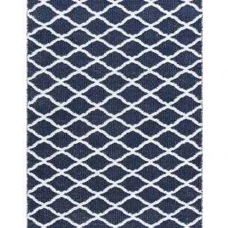 Handvävd blå plastmatta Mimmi Dalli med vändbar spegelvänd design och mjuk pvc-struktur