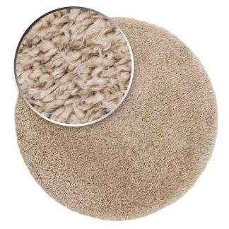 Rund naturfärgad ryamatta med mjuk lång lugg tillverkad i återvunnen polyester