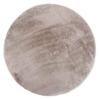 Rund tvättbar pälsmatta i mjuk taupe polyester med cirka 15 mm tjocklek