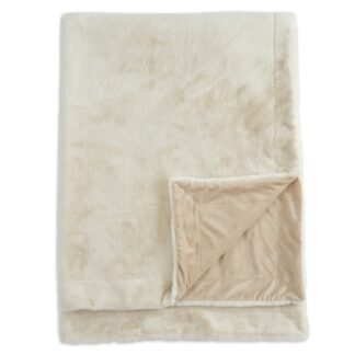 Beige mjuk pläd i 100% polyester på en soffa i modern inredning