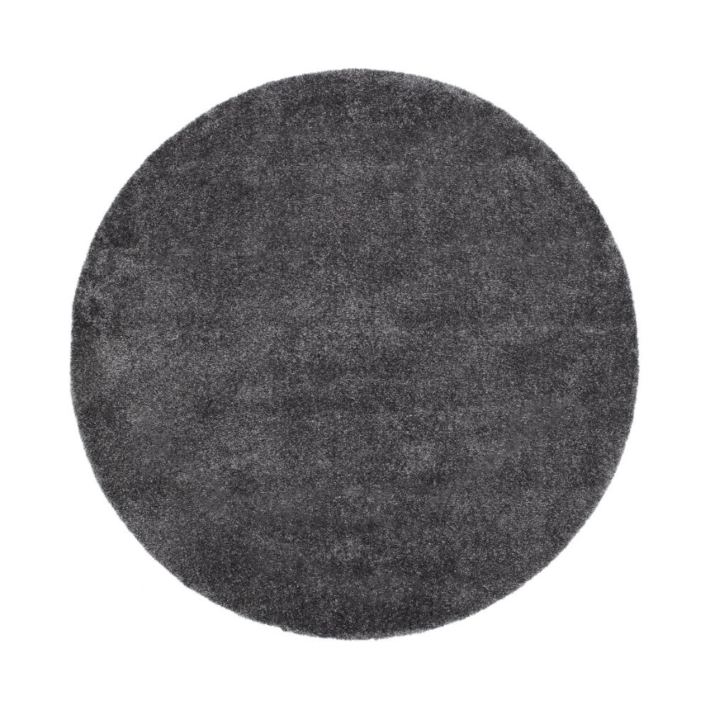 Rund mjuk ryamatta i grafitfärgad microfiber med lätt glans och tät lugg