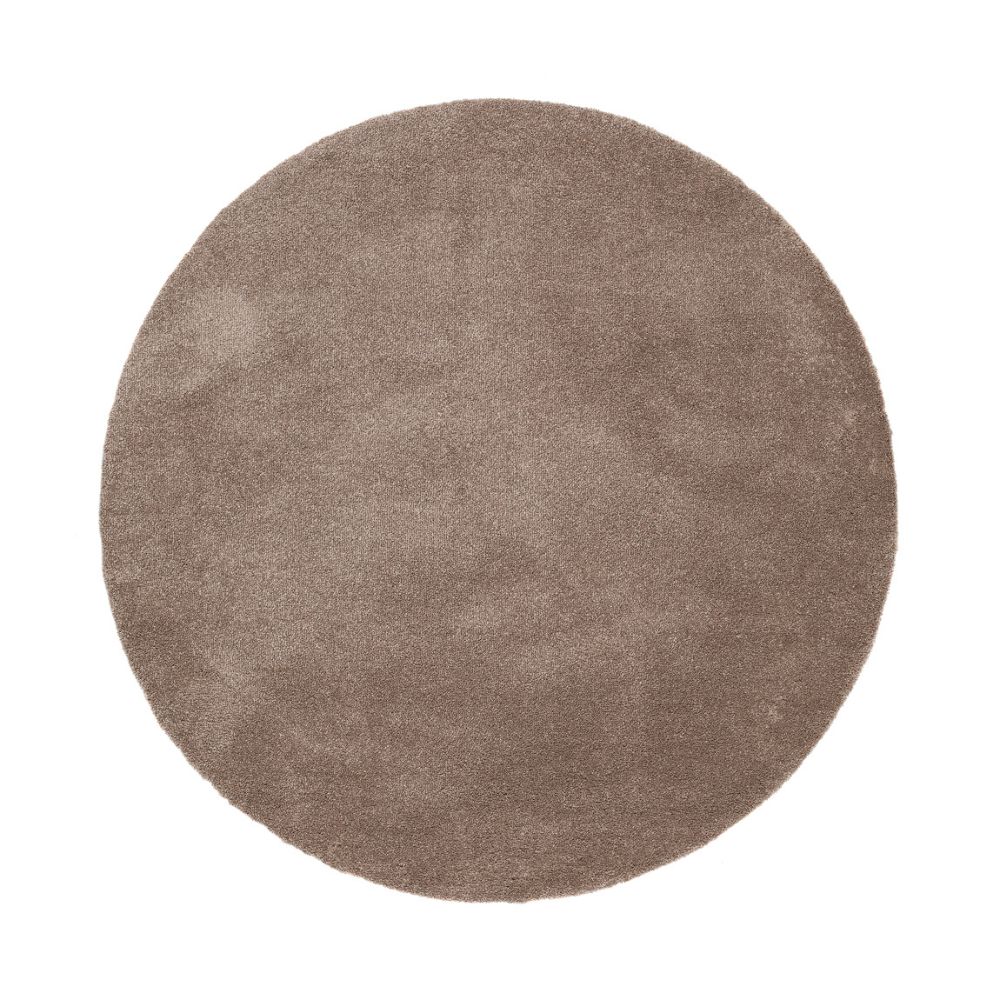 Linnefärgad rund ryamatta i mjuk microfiber med lätt glans på golv