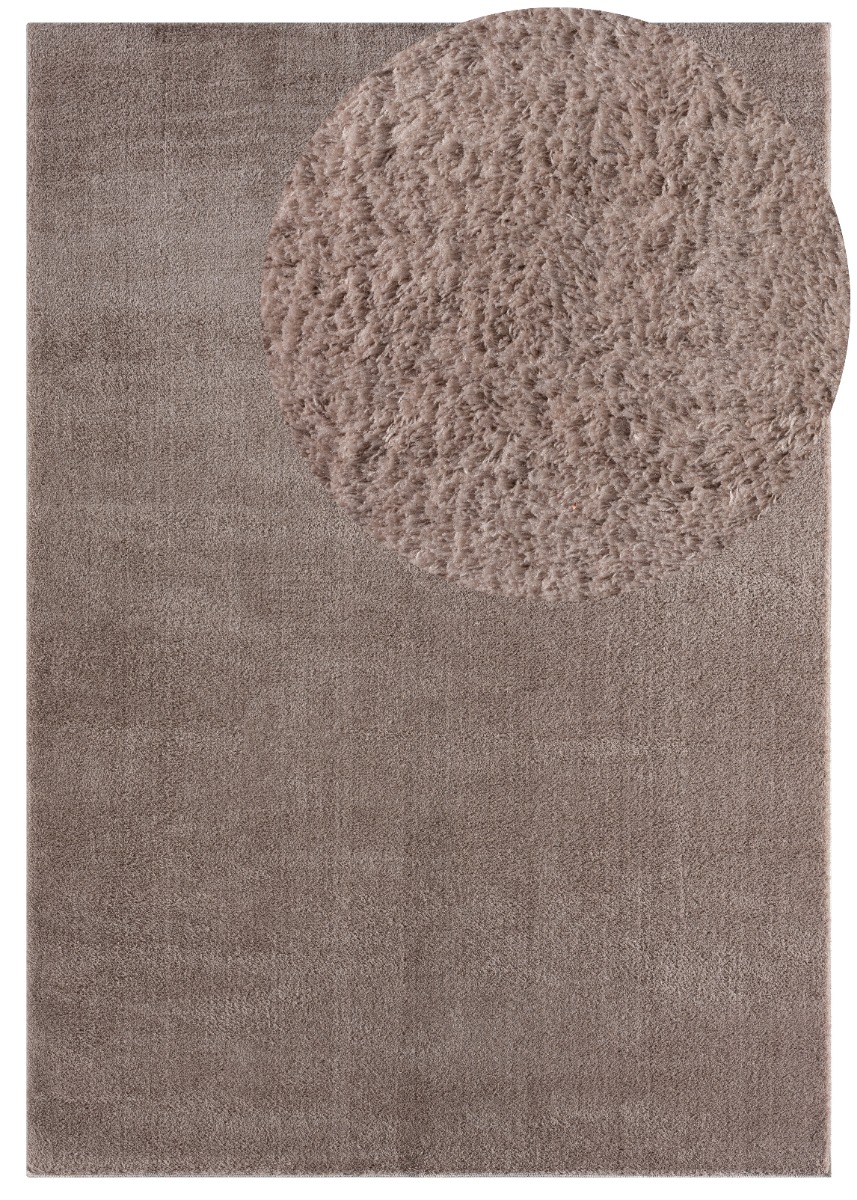 Mjukt och fluffigt taupefärgad tvättbar ryamatta med tjock textur