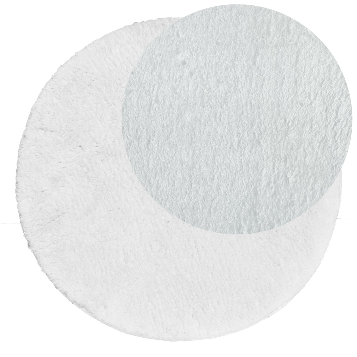 Rund vit mjuk ryamatta i polyester med ungefär 20 mm tjocklek på parkettgolv