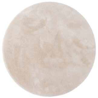 Rund fluffig beige ryamatta i mjuk polyester med cirka 25 mm tjocklek