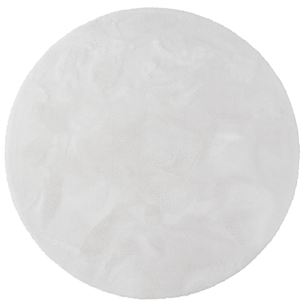 Rund offwhite mjuk ryamatta i polyester med fluffig yta och cirka 25 mm tjocklek