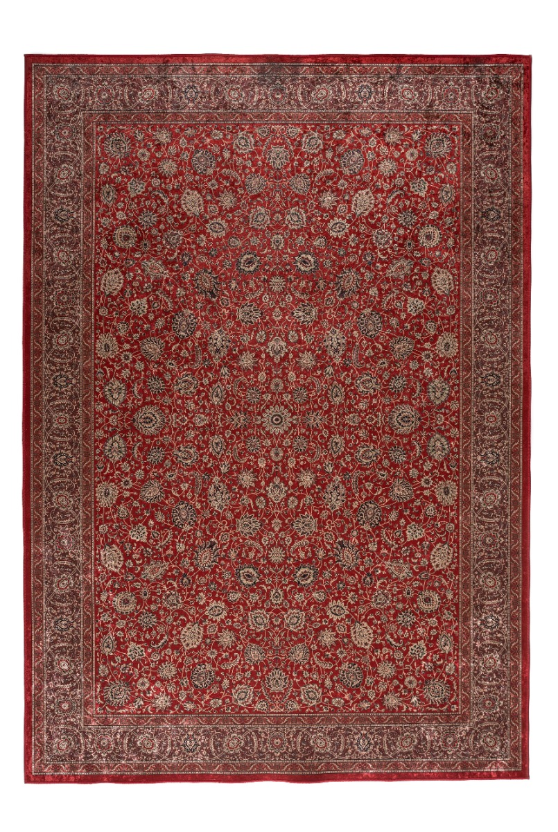 Djup röd chenille ryamatta Kavala i vardagsrumsmiljö