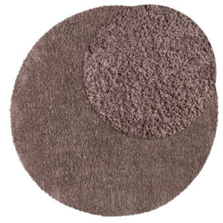 Rund ryamatta i greige färg med tjock plattvävd yta och mjuk textur