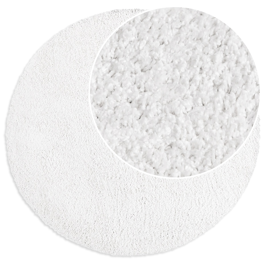 Rund vit ryamatta med mjuk polypropylenfiber och 30 mm tjocklek i modernt vardagsrum