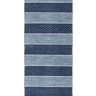 Handvävd blå trasmatta Loke i bomull med tät väv och livfull färg, placerad på ljust golv