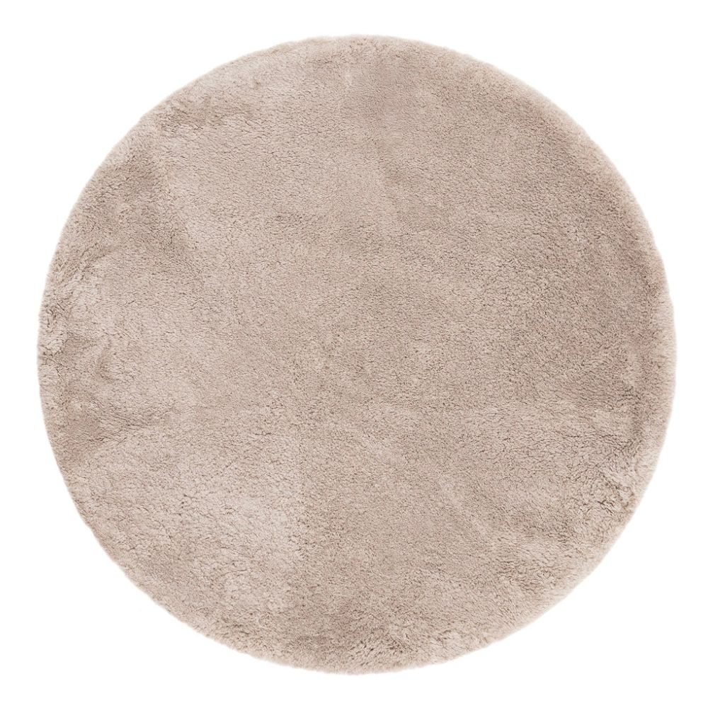 Rund Lucid mjuk ryamatta i linnefärg med hög och tät polyesterlugg