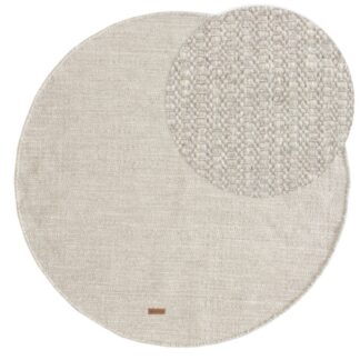 Rund ullmatta i kräm och grå färger med mjuk textur och cirka 10 mm tjocklek