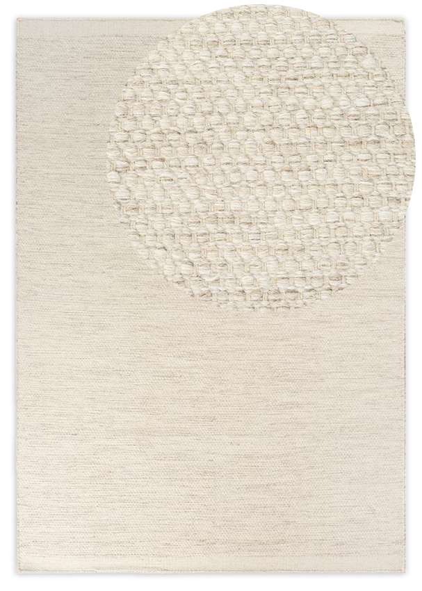 Krämfärgad ull- och bomullsmatta med mjuk textur och cirka 10 mm tjocklek i ett elegant rum