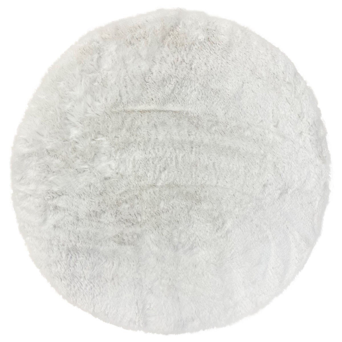 Rund vit pälsmatta i ekologisk polyester med fluffig 30 mm tjocklek placerad på golv