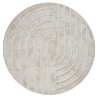 Rund ljusbeige pälsmatta Rabbit Soho med lång fluffig lugg i vardagsrum