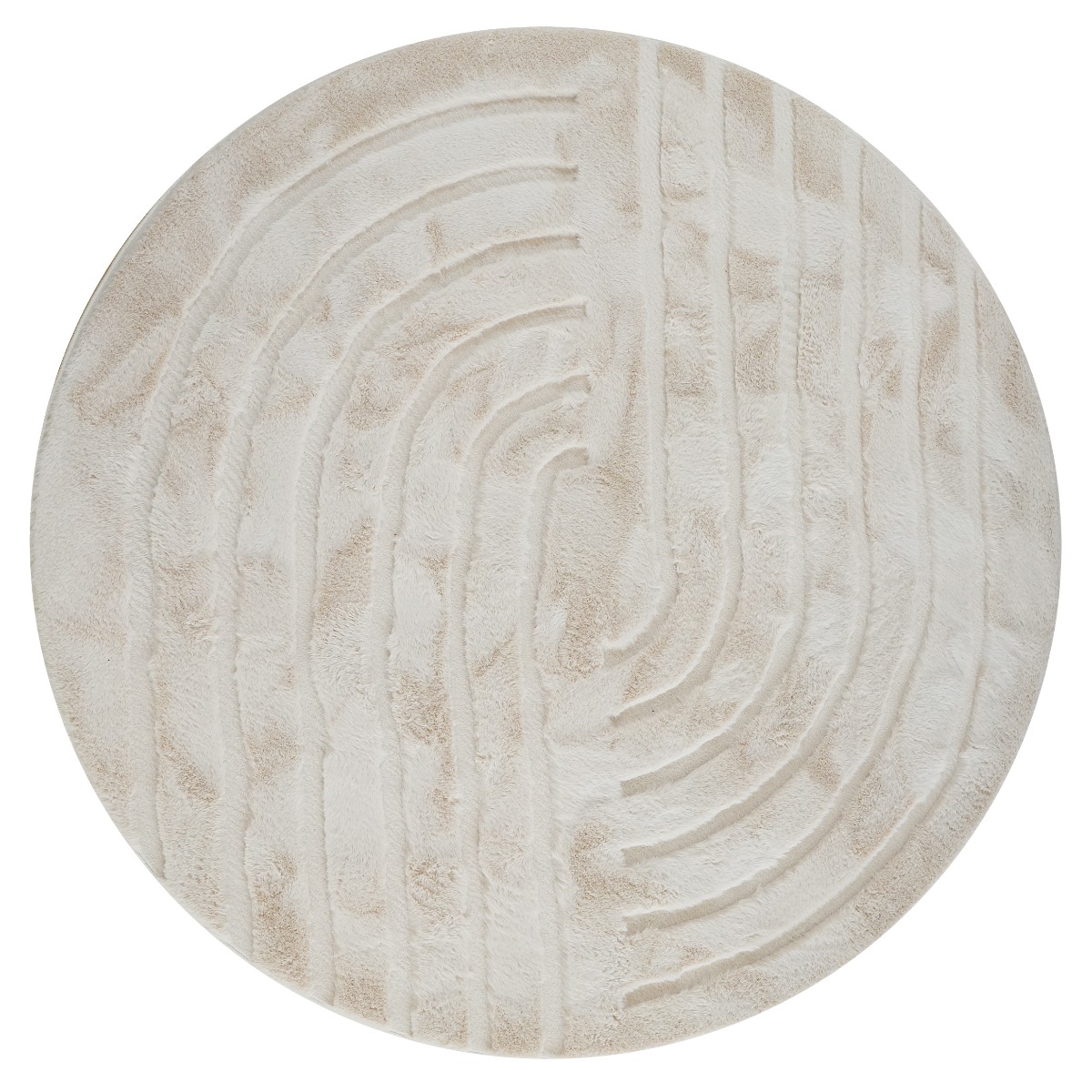 Rund ljusbeige pälsmatta Rabbit Soho med lång fluffig lugg i vardagsrum
