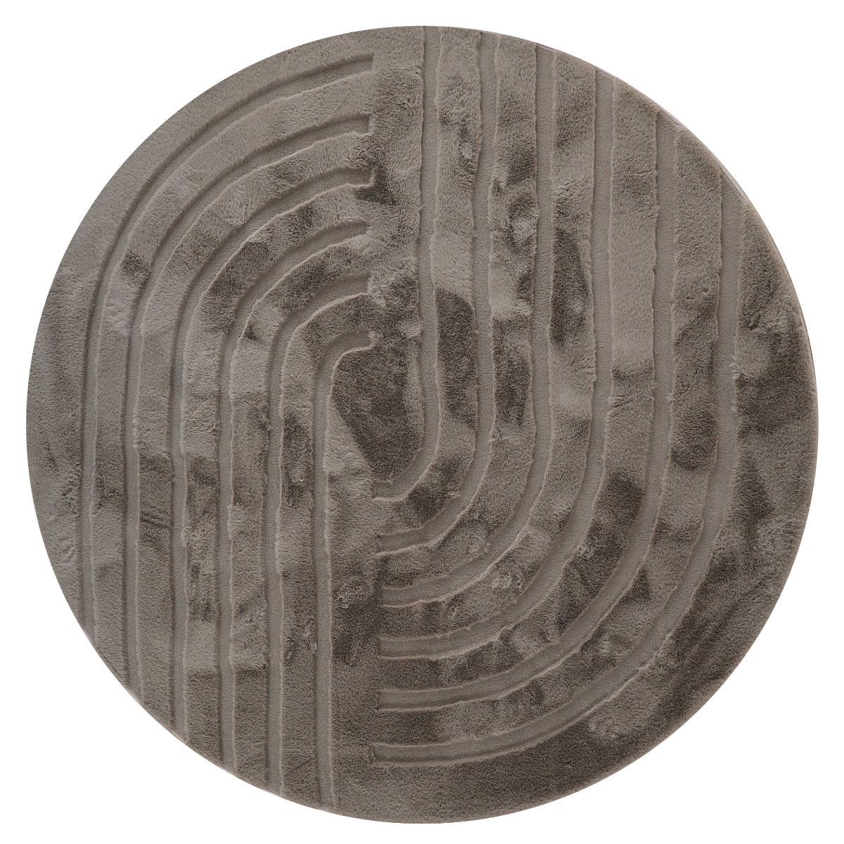 Rund taupe pälsmatta med lång fluffig lugg i modernt vardagsrum