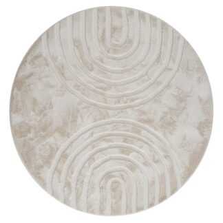 Rund fluffig ljusbeige fuskpälsmatta med zenmönster i modern inredning