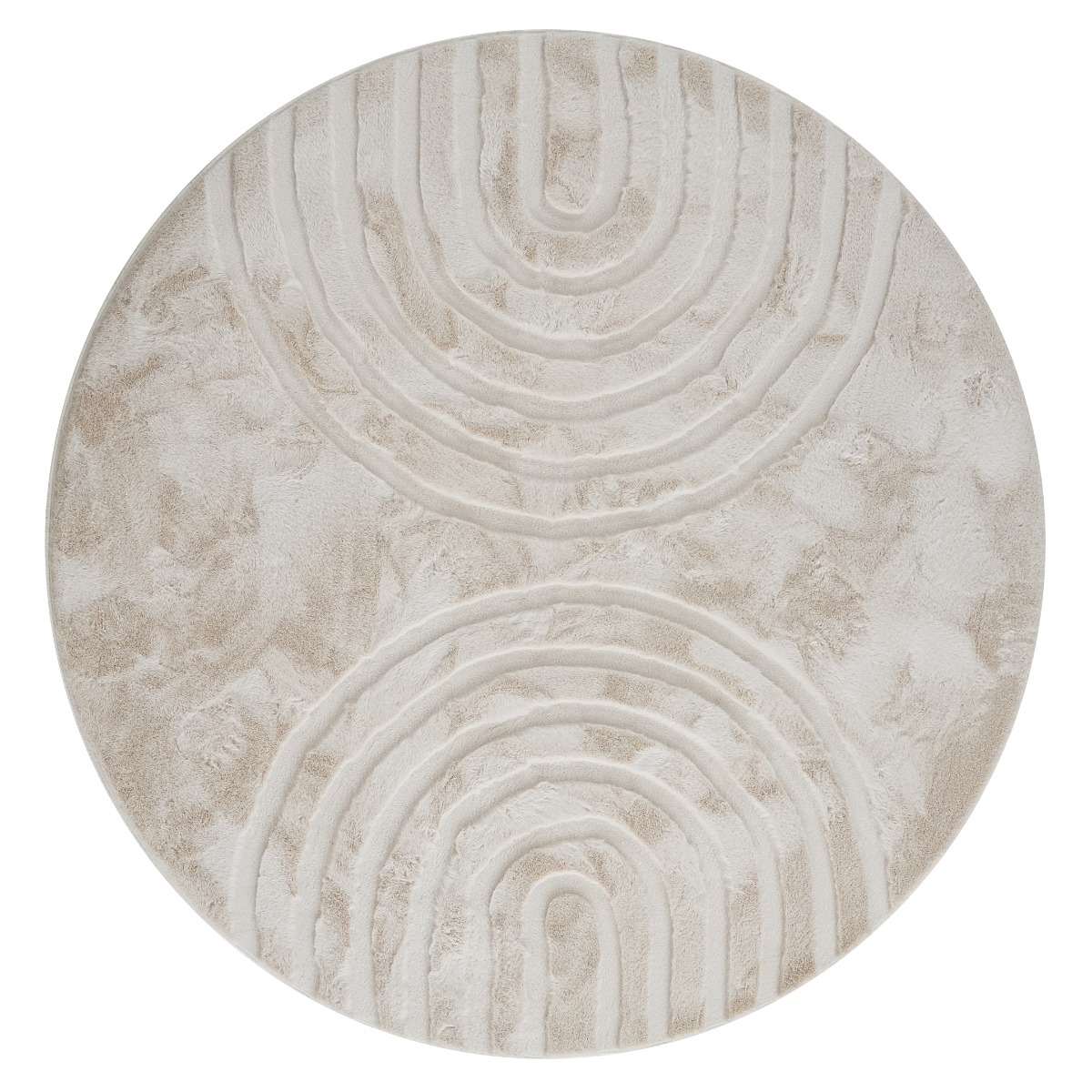 Rund fluffig ljusbeige fuskpälsmatta med zenmönster i modern inredning