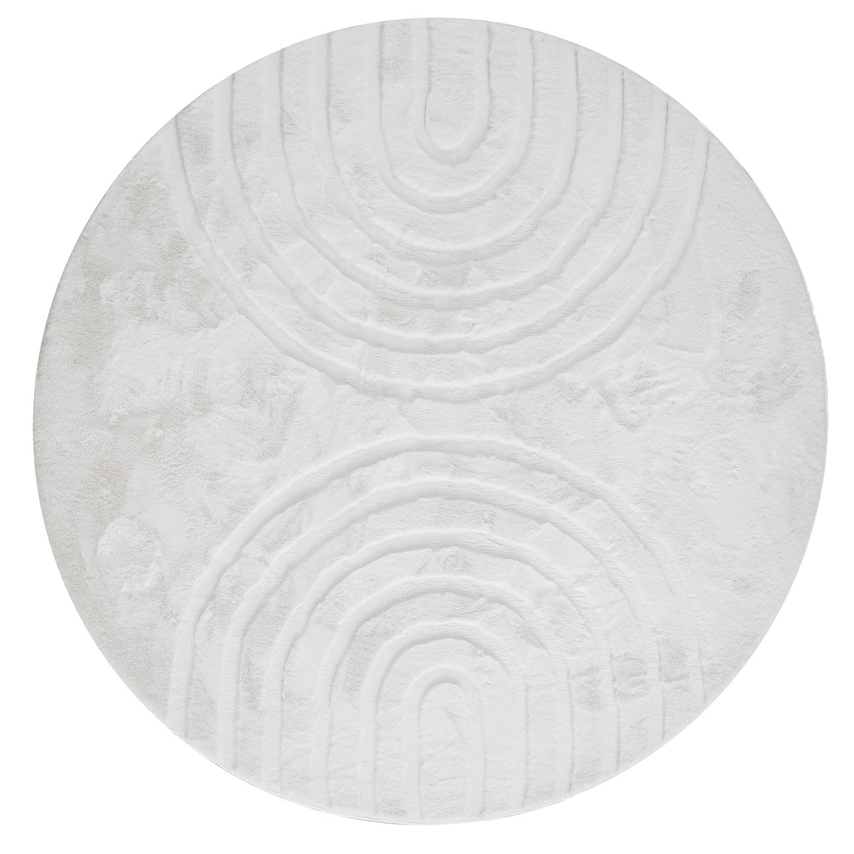 Rund fluffig offwhite fuskpälsmatta med zenmotiv på golv i vardagsrum