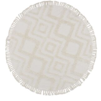 Rund vit bomullsmatta med mjuk textur och cirka 15 mm tjocklek på trägolv