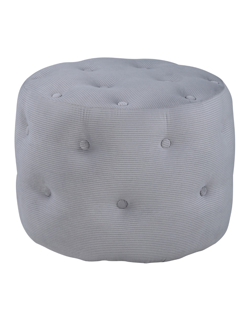 Grå sittpuff Violetta med djuphäftade knappar i manchestertyg på trägolv