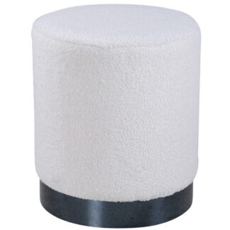 Vit cylinderformad sittpuff i mjukt teddytyg med svart metallbas